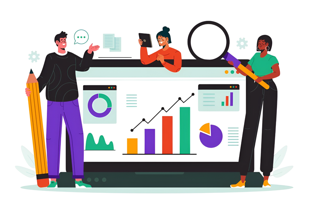 Market research visualization showing data analysis, customer insights, and business strategies