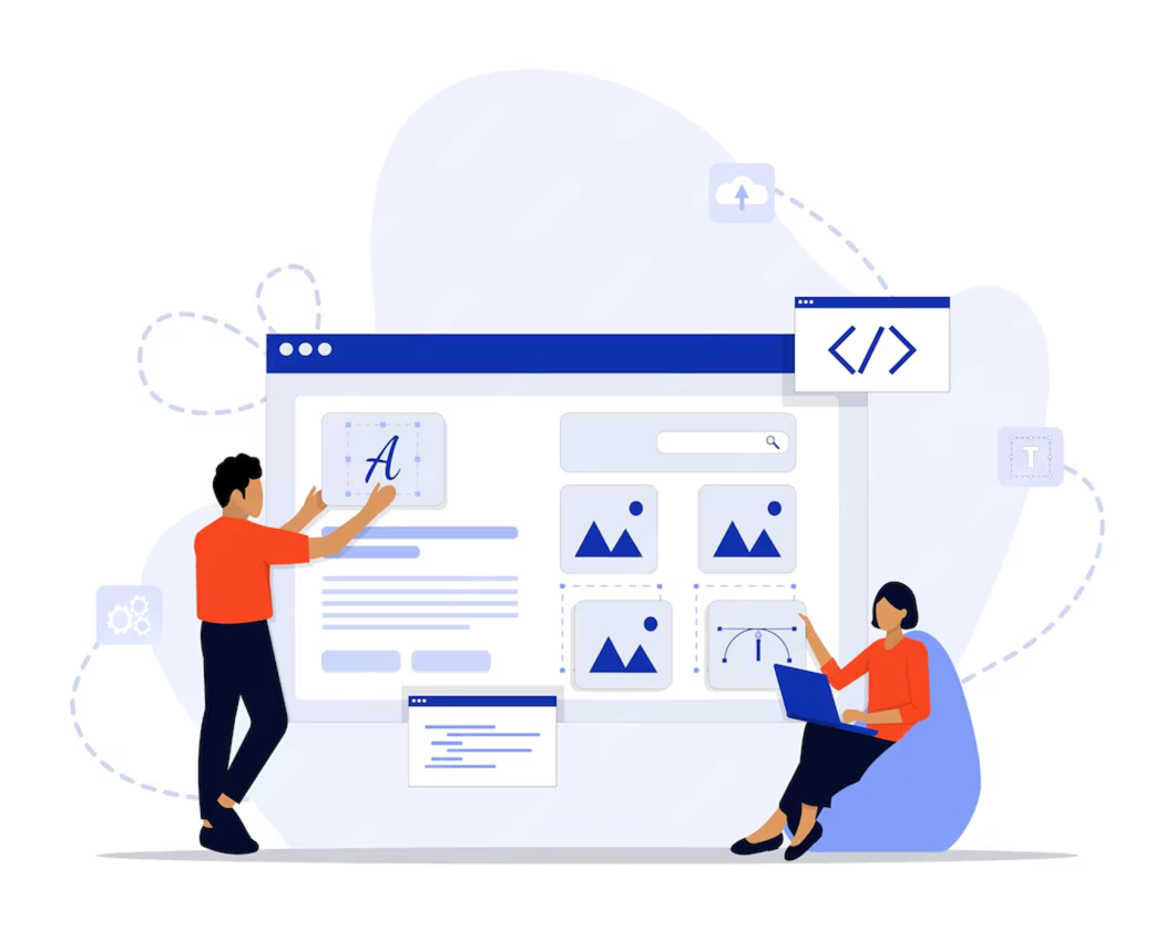 Website creation process showing responsive design and development interfaces